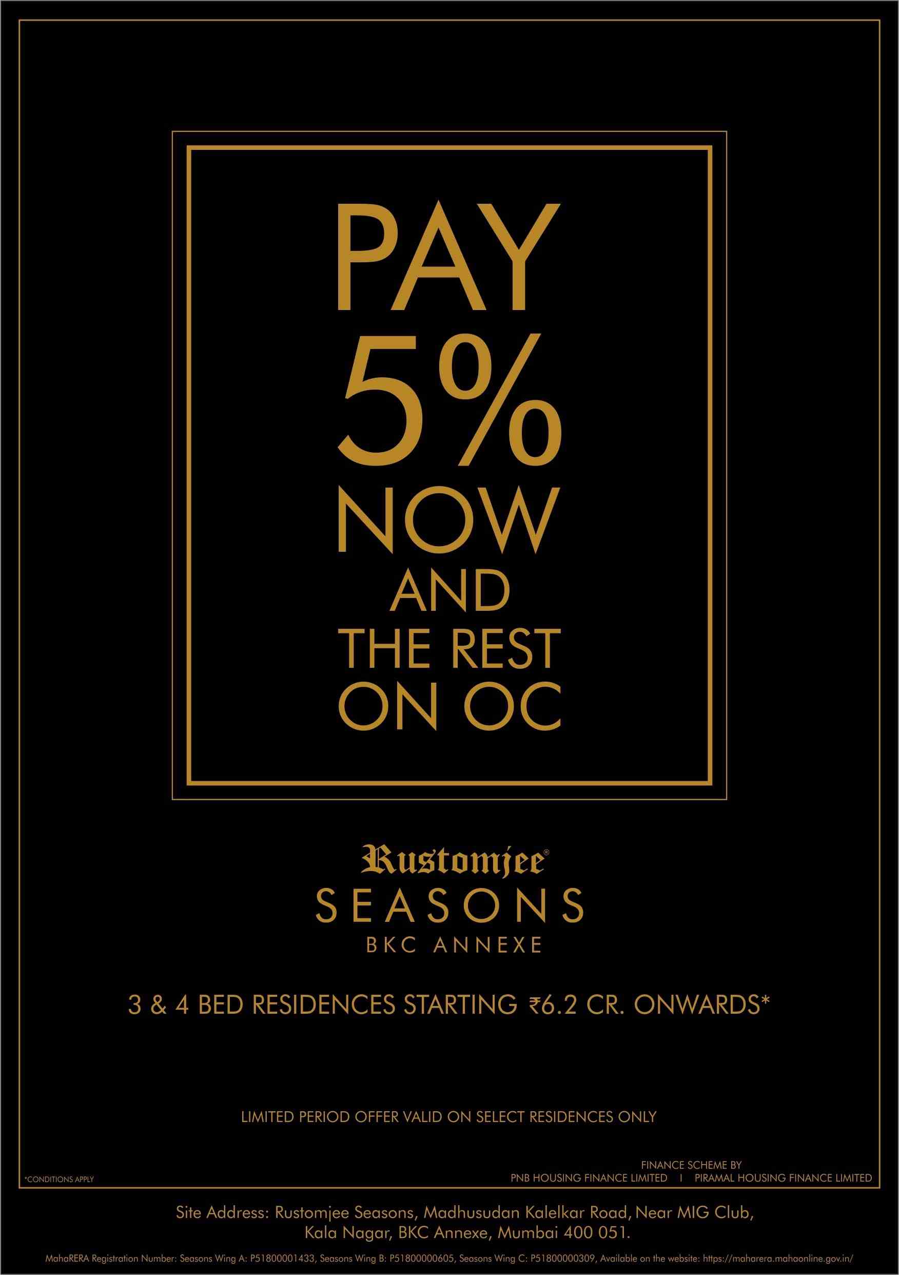 Pay 5% now and the rest on OC at Rustomjee Seasons in Mumbai Update